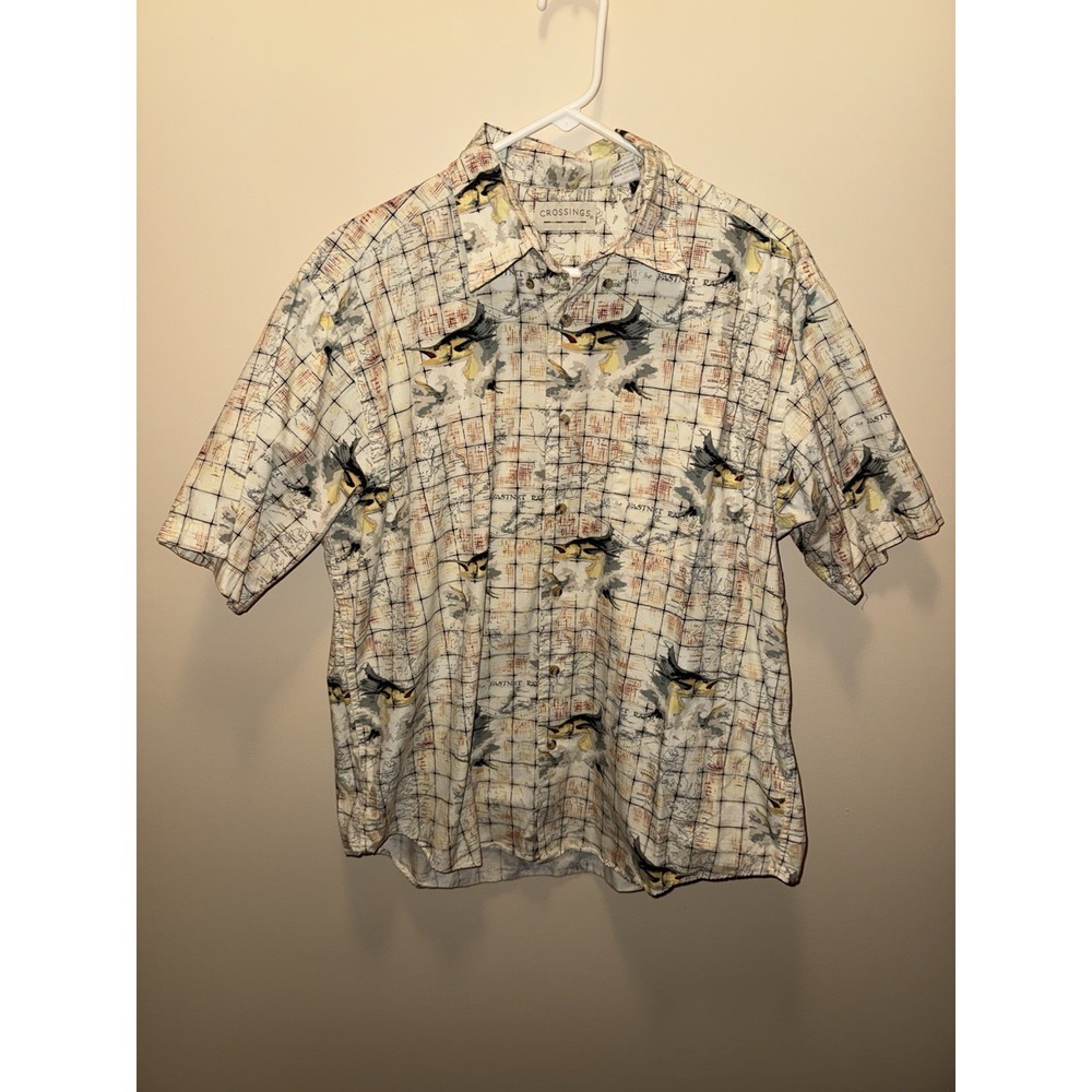 Crossings Hawaiian Sword Fish Button Down Cotton Short Sleeve Shirt Men's L